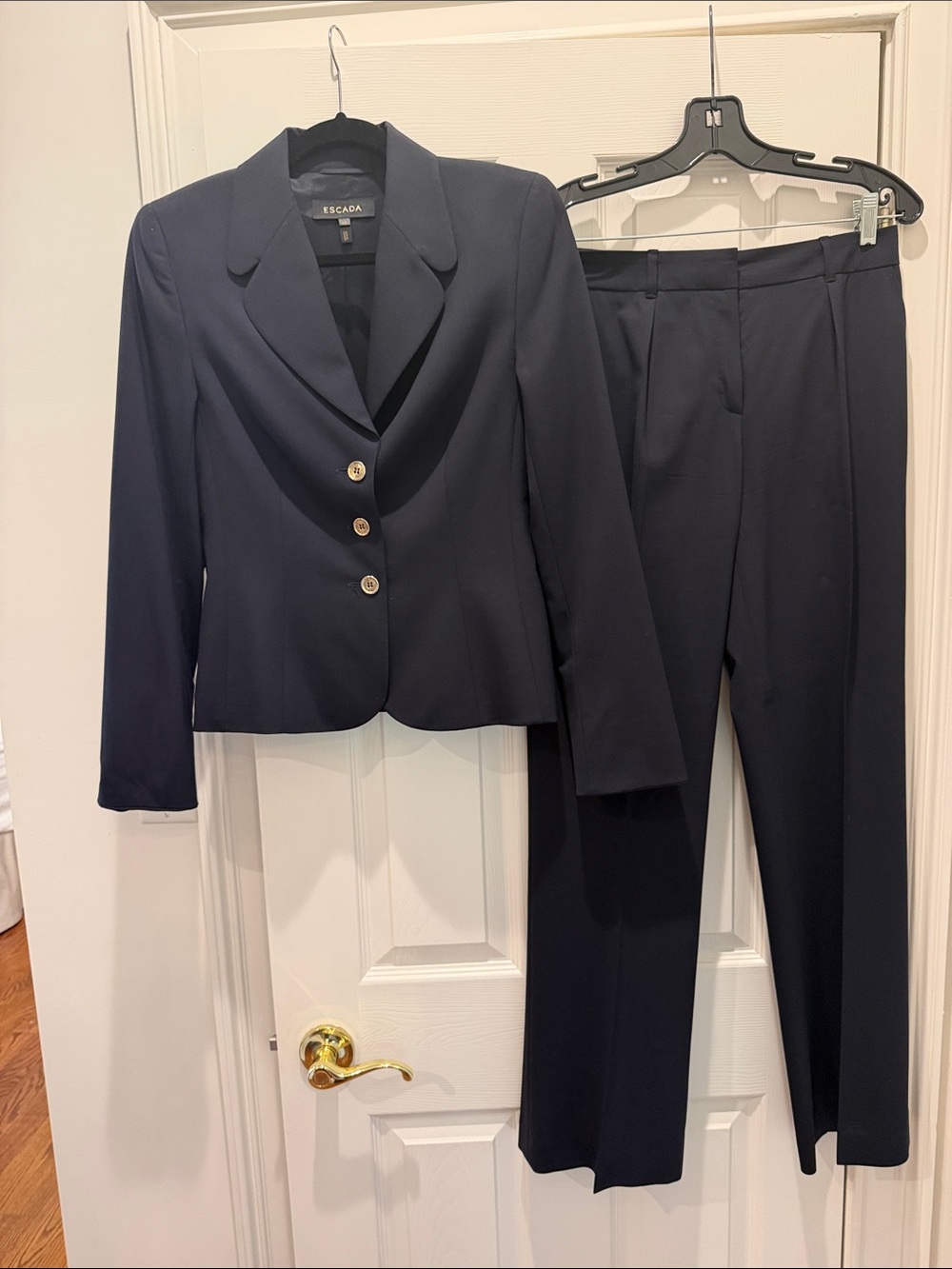 Escada Navy Two-Piece Tailored Pant Suit with Gold Buttons